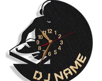 Wall Clock DJ Gift, Wood Non-ticking LARGE 12-18inch, Disc-jockey, Disk-jockey, Deejay Wall Art Decor Wooden #71