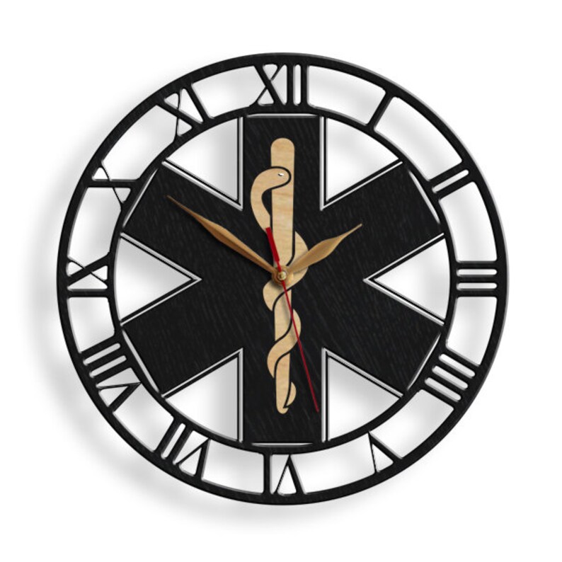 May include: Black and white wall clock with Roman numerals and a black star of life with a snake and staff symbol in the center.