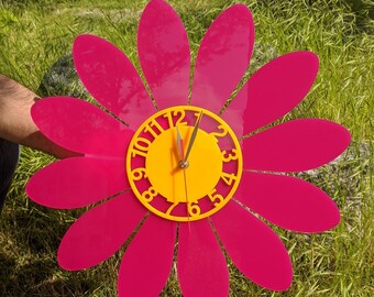 Crimson Daisy Wall Clock, Flower Gerbera Acrylic Mid Century Style Wall Art Decor, Chamomile
