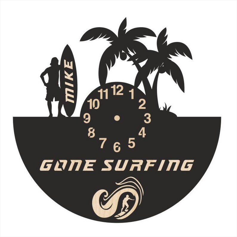 May include: A black wall clock featuring a silhouette of a person standing next to a surfboard labeled MIKE, palm trees, and the text GONE SURFING. The clock face displays numbers 1 through 12, and the bottom section shows a graphic of a surfer on a wave.