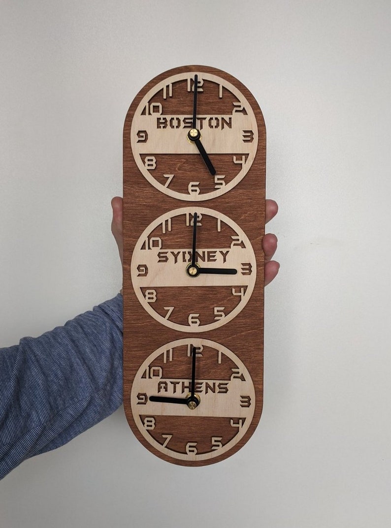 Vertical Time Zone Wall Clock, 2-5 Dials, Multiple World Clock, Office, Family Timezone Personalozed City-State-Country Sign image 2