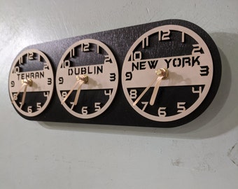 Time Zone Wall Clock, City/State/Country Sign, World Clock, Office Clock, Family Time Zone Clock, Wooden clock