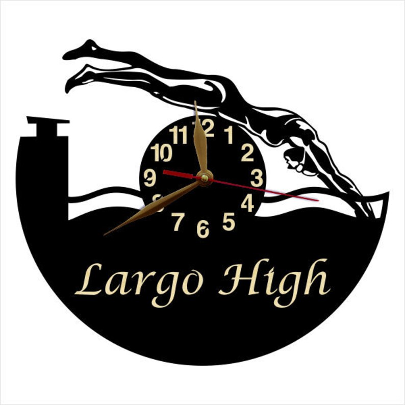 May include: Black vinyl record clock with a silhouette of a swimmer diving into water. The clock face has gold numbers and a brown hand. The text "Largo High" is printed below the clock face.