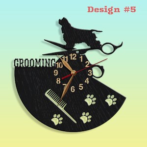May include: Black wooden clock with a dog silhouette, scissors, comb, and paw prints. The clock face reads "Grooming" and has numbers 1-12.