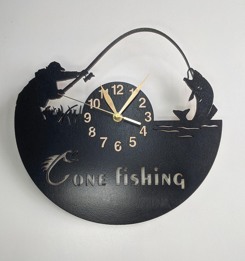 Wall Clock Fisher Gift Wood Non-ticking, Fisherman Personalized Fishing LARGE 12-18inch, Wall Art Decor image 4