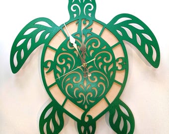 Ocean Turtle Wall Clock 12-18 inchx, Sea Life Handmade Wooden Art Decor, Ocean-Inspired Gift, Choose Color