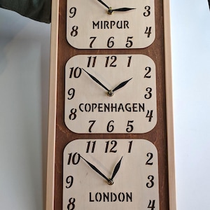 Vertical Framed Multiple World Time Zone Clock, City/State/Country Sign, Personalized Family, Office Clock