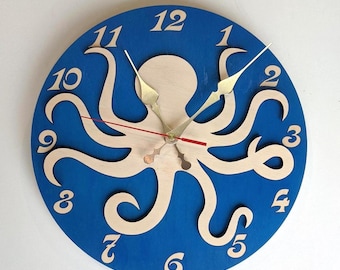 Octopus Wood Wall Clock 11-16 inch, Clock with Numbers, Clock for Kids Sea Theme Room