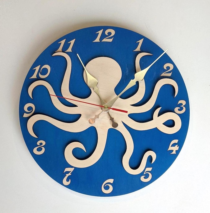 Octopus Wood Wall Clock 11-16 inch, Clock with Numbers, Clock for Kids Sea Theme Room image 1