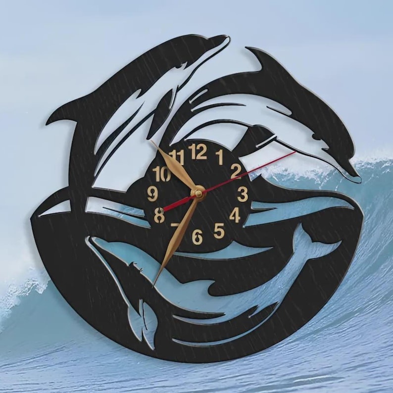 Dolphin Wall Clock 12-18 inches, Kids Room Decor, Scuba Diver Ocean Decor, Wooden Marine Life Clock, Underwater Themed Gift, Non-ticking image 1