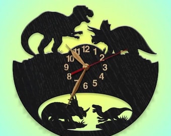 Wall Clock Dinosaur Battle Wood Non-ticking 12-18inch, Dino, Tyrannosaurus, Triceratops, T-Rex, Baby Room LARGE
