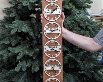 Narrow Multi Time Zone Clock, Vertical World Clock 2–6 Dials, Personalized City Clock