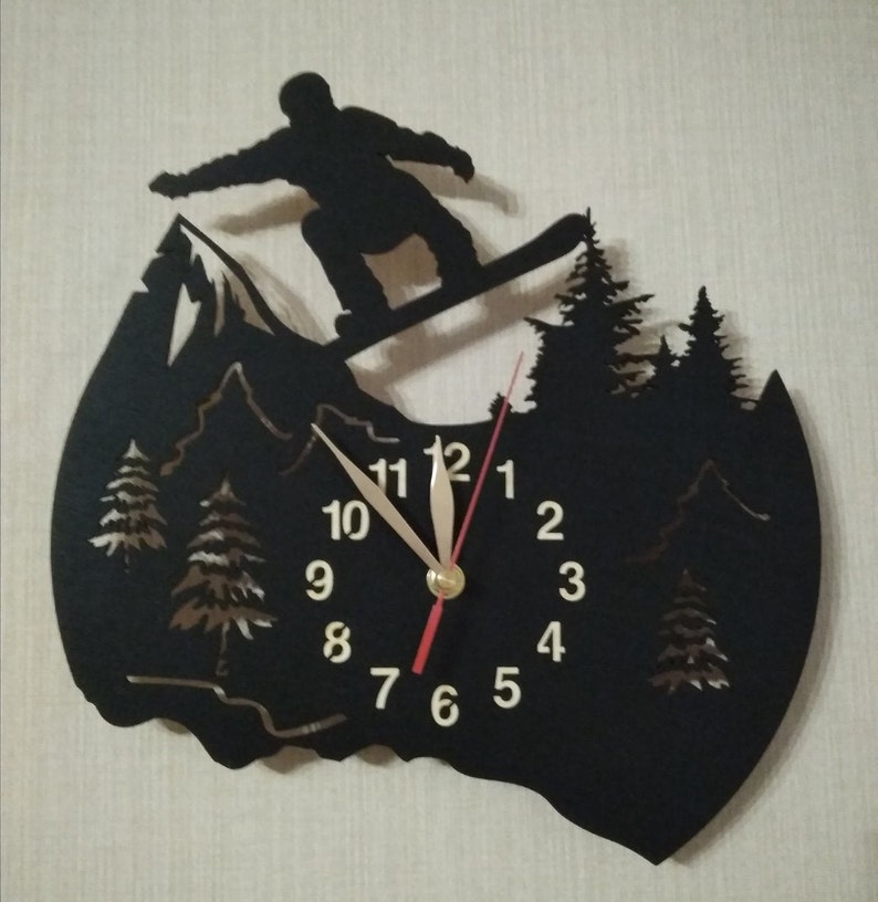 Wall Clock Snowboarding, Winter Sport Freestyle, Wooden Non-ticking 12 or 18 inches, Snowboarder Gift image 2