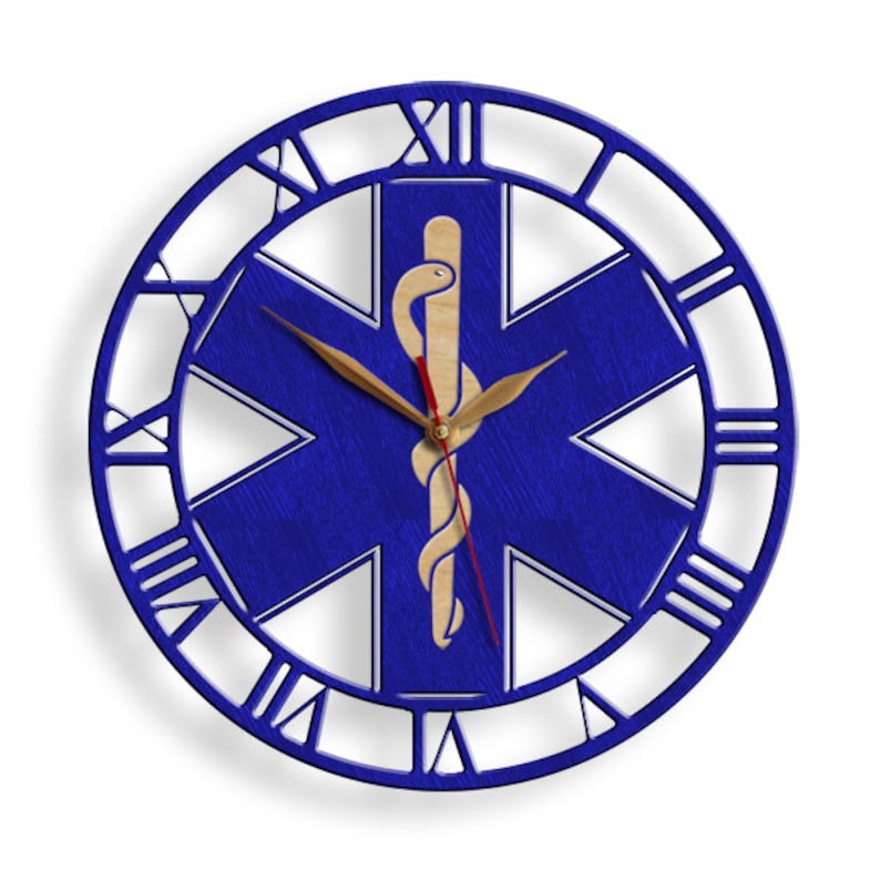 May include: Blue wooden wall clock with a white star of life and a snake and staff symbol in the center. The clock face has Roman numerals.