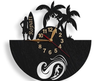 Wall Clock, Surfer Decor, Surfing Wooden Silent Clock 12 or 18 inches