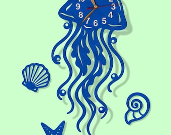 Nautical Jellyfish Wall Clock 12-15-18 inch, Hand-Painted Wooden Clock in Blue color, Ocean Theme Kids Room