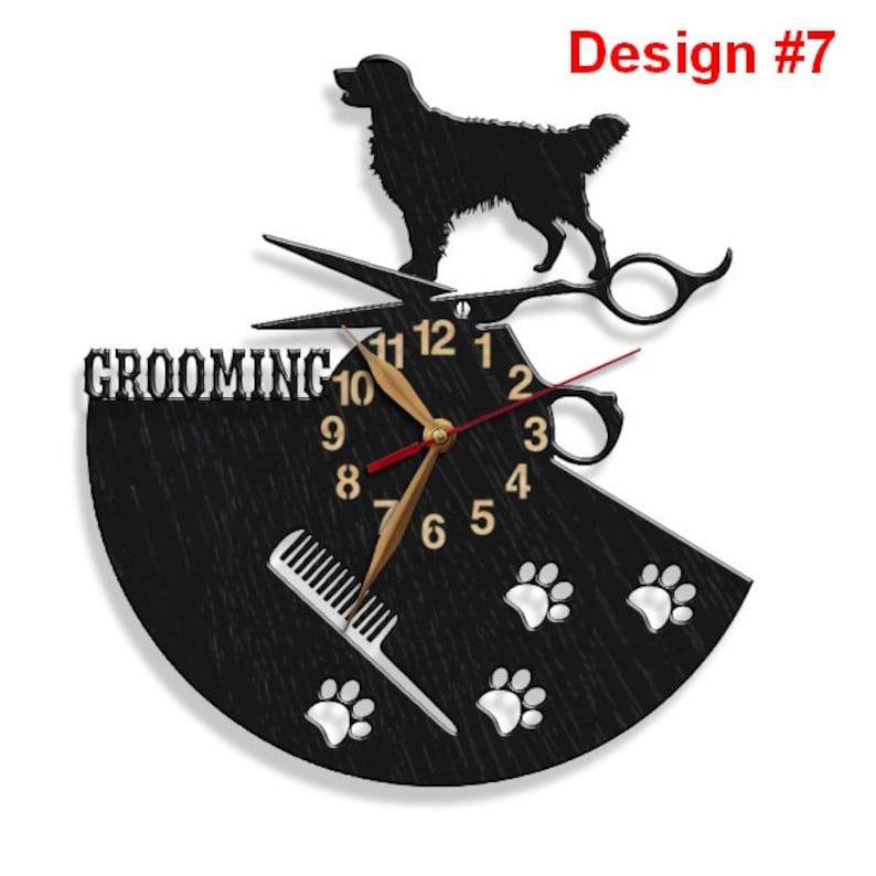 May include: Black and white clock with a dog silhouette, scissors, comb, and paw prints. The clock face says "Grooming" and has gold numbers.