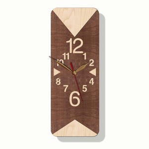 Orologio da parete stretto, stile moderno di metà secolo, orologio geometrico minimalista in legno fatto a mano per cucina o soggiorno.