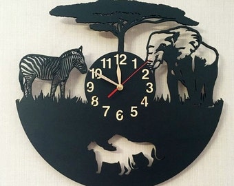 Wall Clock 12 or 18 inches Zebra, Elephant, Lion, Wooden BIG Non-ticking, Africa Savannah Wild Animals LARGE Perfect Home Gift