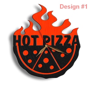 May include: A black and orange wooden clock shaped like a pizza with the words "HOT PIZZA" on the top. The clock has a flame design around the pizza.