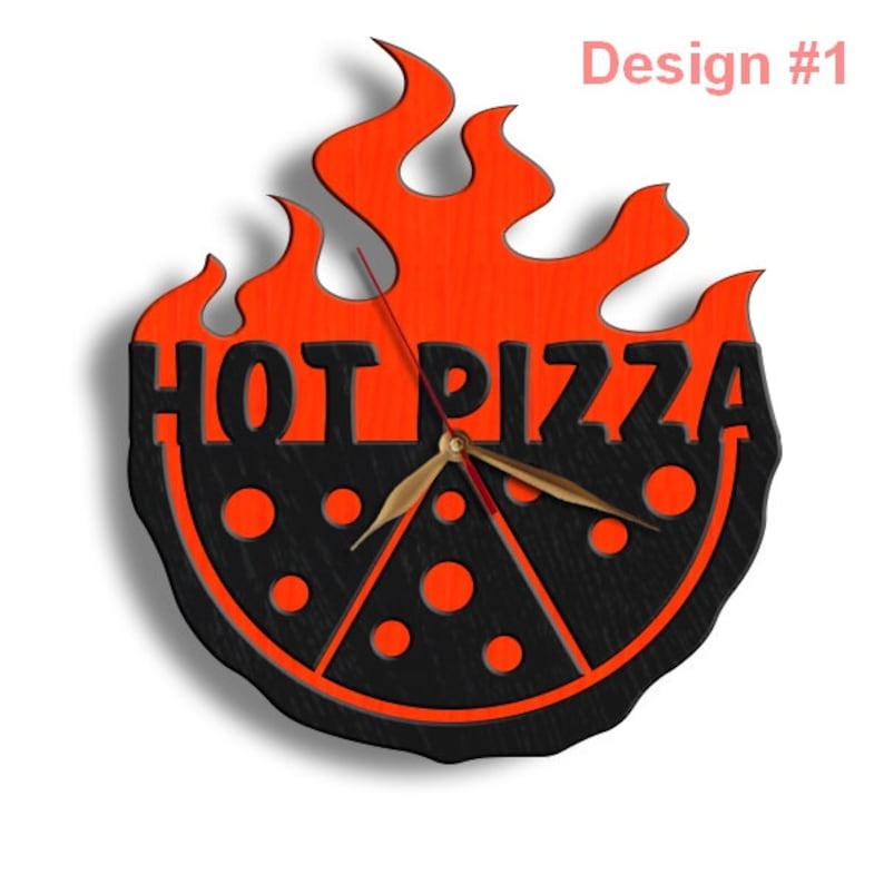 May include: A black and orange wooden clock shaped like a pizza with the words "HOT PIZZA" on the top. The clock has a flame design around the pizza.