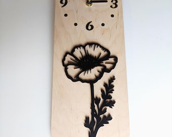 Handmade Poppy Flower Wood Wall Clock, Oval Minimalist Silent Clock, Modern Decor