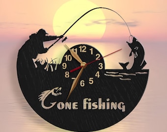 Wall Clock Fisher Gift Wood Non-ticking, Fisherman Personalized Fishing LARGE 12-18inch, Wall Art Decor