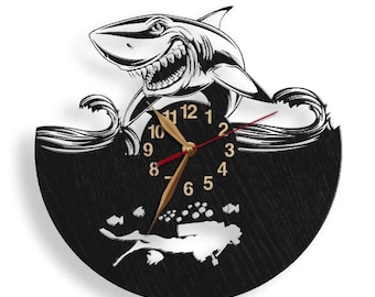 Shark & Diver Large Wood Clock Non-ticking  12-18inch, Animals, Wall Art Decor