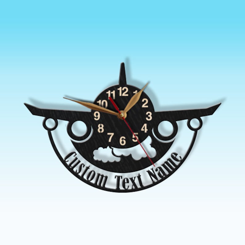 May include: Black wooden aeroplane clock with gold clock hands and a white cloud design. The clock face has black numbers and a red second hand. The clock has a custom text name area that says "Custom Text Name".