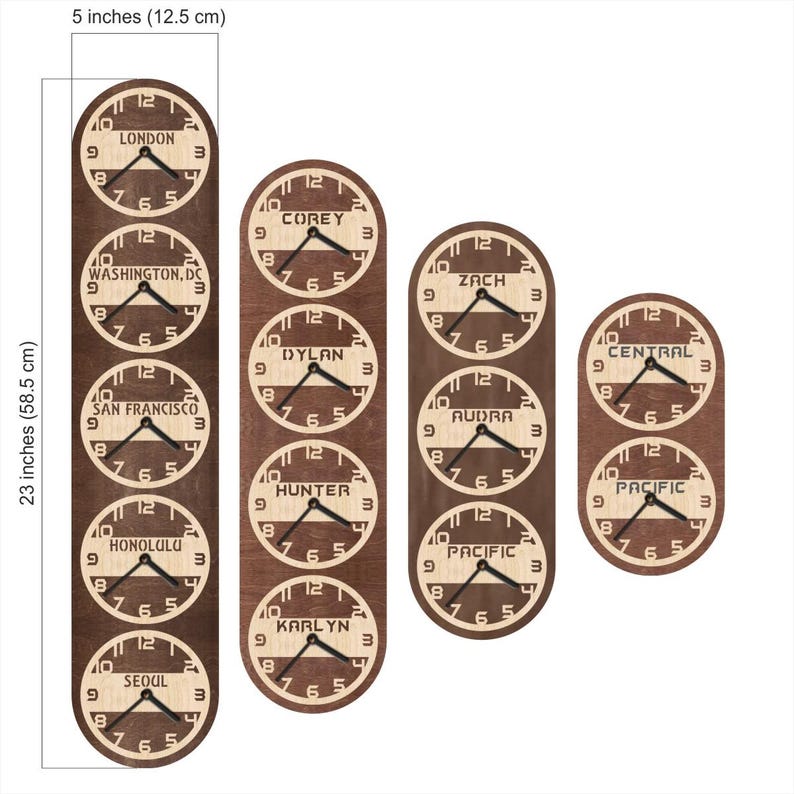 May include: Wooden multi-time zone clocks. The largest clock is 23 inches (58.5 cm) tall and 5 inches (12.5 cm) wide. Each clock face displays a different city or name, including London, Washington DC, San Francisco, Honolulu, Seoul, Corey, Dylan, Hunter, Karlyn, Zach, Audra, Central, and Pacific.
