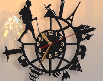 Wall Clock Backpacker, Woman or Man, Backpacking Traveler, Traveling Around world, Wall Art Decor, Wood Non-ticking LARGE 12-18inch