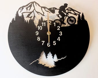 Mountain Biker Gifts, Wall Clock 12 or 18 inch, Non-ticking Wooden LARGE Decor