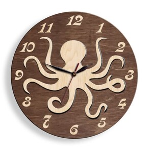 May include: A brown wooden clock with an octopus cutout design. The numbers 1 through 12 are displayed around the edge of the clock.