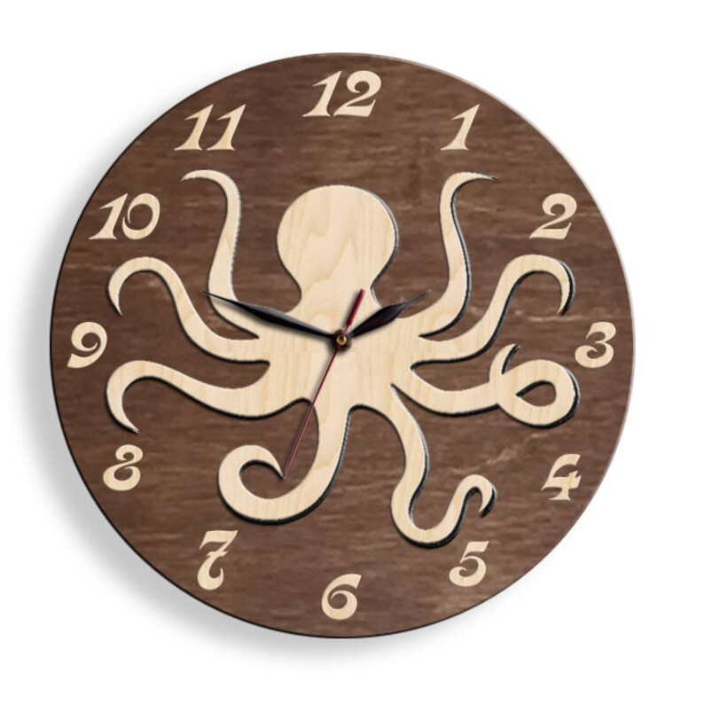May include: A brown wooden clock with an octopus cutout design. The numbers 1 through 12 are displayed around the edge of the clock.