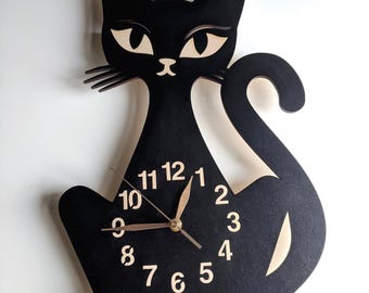 Black Atomic Cat Wall Clock 12-18" Silent MCM Decor, Mid-Century Modern Wall Art