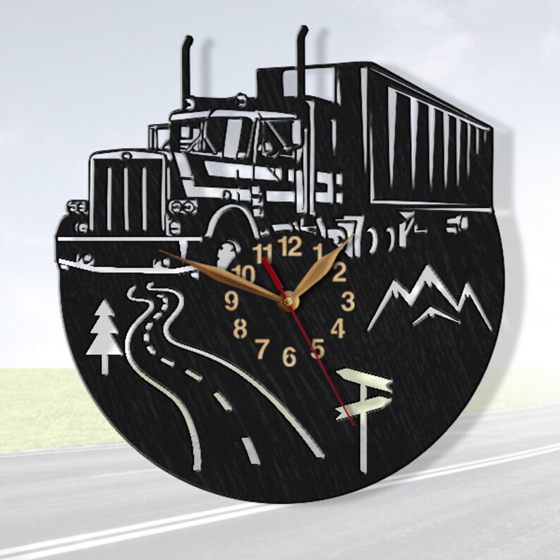Wall Art Decor LARGE 13 or 18 inch Gift #168 Semi Truck Clock Trucker BIG Wood non-ticking Driver Trailer