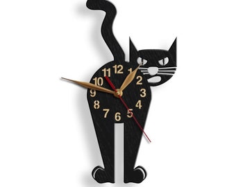 Wall Clock Black Cat, BIG Wood Non-ticking, LARGE 12-18 inch height, Mid Century Modern Atomic Cat Wall Art Decor, Cat Lover Gift #94