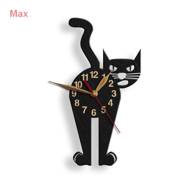 Horloge murale avec mégot de chat noir, grand bois anti- coutil, grande hauteur de 12 à 18 pouces, art mural chat atomique moderne du milieu du siècle, cadeau pour amoureux des chats #94