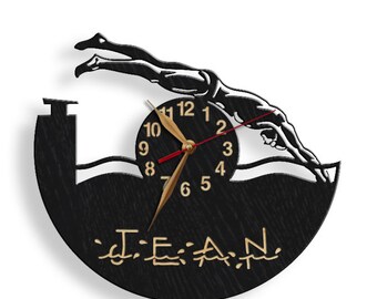 Swimmer Wood Wall Clock, Personalized Sports Art, Non-Ticking (12-18 inch)