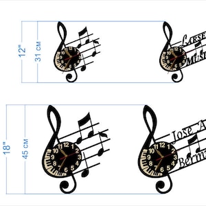 Puede incluir: Dos dise&ntilde;os de reloj negros y dorados con una clave de sol con notas musicales y una esfera de reloj. El reloj superior dice "ARSEN MUSIC" y el reloj inferior dice "Jose A Bermudez". Los relojes miden 12 pulgadas por 31 cent&iacute;metros y 18 pulgadas por 45 cent&iacute;metros.