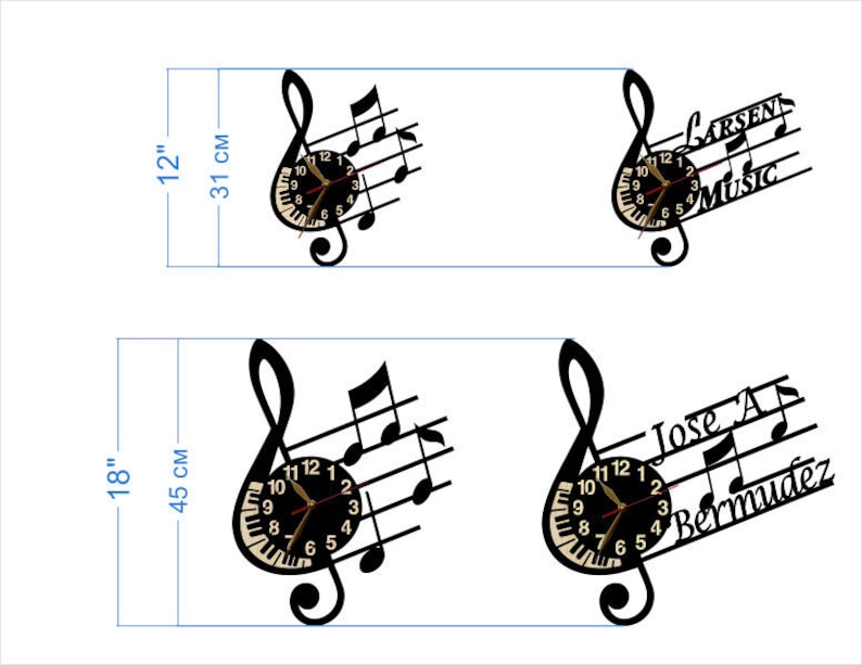 Puede incluir: Dos dise&ntilde;os de reloj negros y dorados con una clave de sol con notas musicales y una esfera de reloj. El reloj superior dice "ARSEN MUSIC" y el reloj inferior dice "Jose A Bermudez". Los relojes miden 12 pulgadas por 31 cent&iacute;metros y 18 pulgadas por 45 cent&iacute;metros.