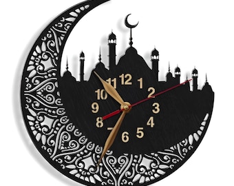 Wall Clock Islamic Mosque BIG Arabic Digits LARGE 12-18inch Non-ticking, Muslim Moon, Muslem tracery, Islamic Symbol #188