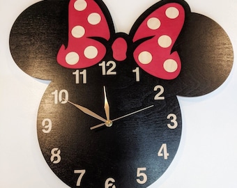 Zegar ścienny Minnie Mouse, dekoracja ścienna do pokoju dziewczęcego, drewniany zegar bez tykania 13-18 cali, wystrój domu, pomysł na prezent