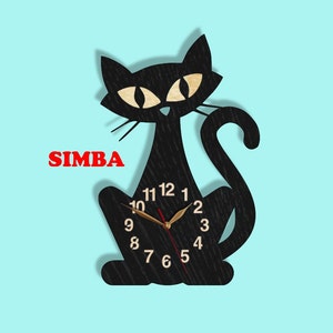 May include: Black cat-shaped wall clock with a gold clock face and black numbers. The clock has a red second hand and a gold minute hand. The clock is labeled "SIMBA" in red letters.