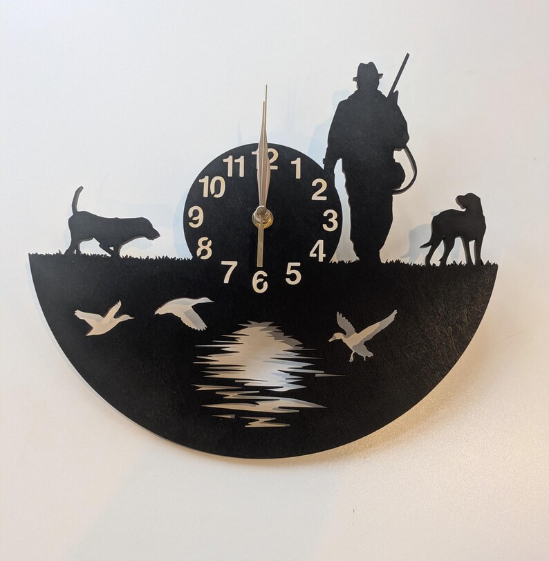 Wall Clock Hunter Wood Gift Non-ticking Ducks Pheasants Moose Wild Boar (please choose) Hunting dog image 1