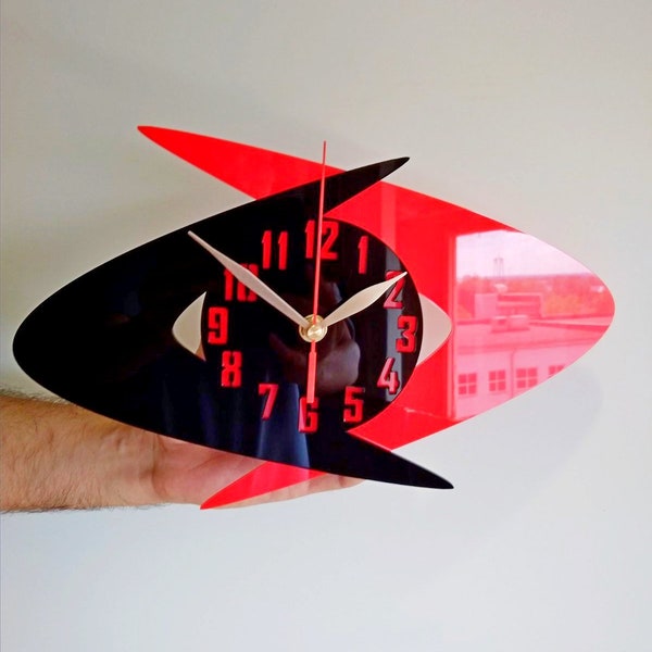 Mid Century Modern Vintage Style Double Boomerang Wall Clock, Non-ticking, Choose Color Gloss Acrylic MCM Wall Art Decor