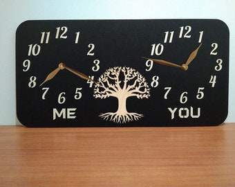 Dual Time Zone Clock, City/State/Country Sign, Timezone Two Locations Wall Clock