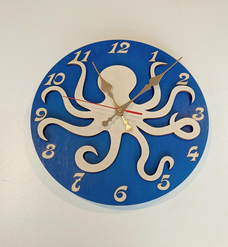Octopus Wood Wall Clock 11-16 inch, Clock with Numbers, Clock for Kids Sea Theme Room image 5