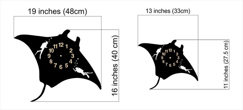 May include: Black manta ray wall clock with diver silhouettes and gold-colored numerals. The larger clock is 19 inches (48cm) wide and 16 inches (40 cm) tall. The smaller clock is 13 inches (33cm) wide and 11 inches (27.5 cm) tall.