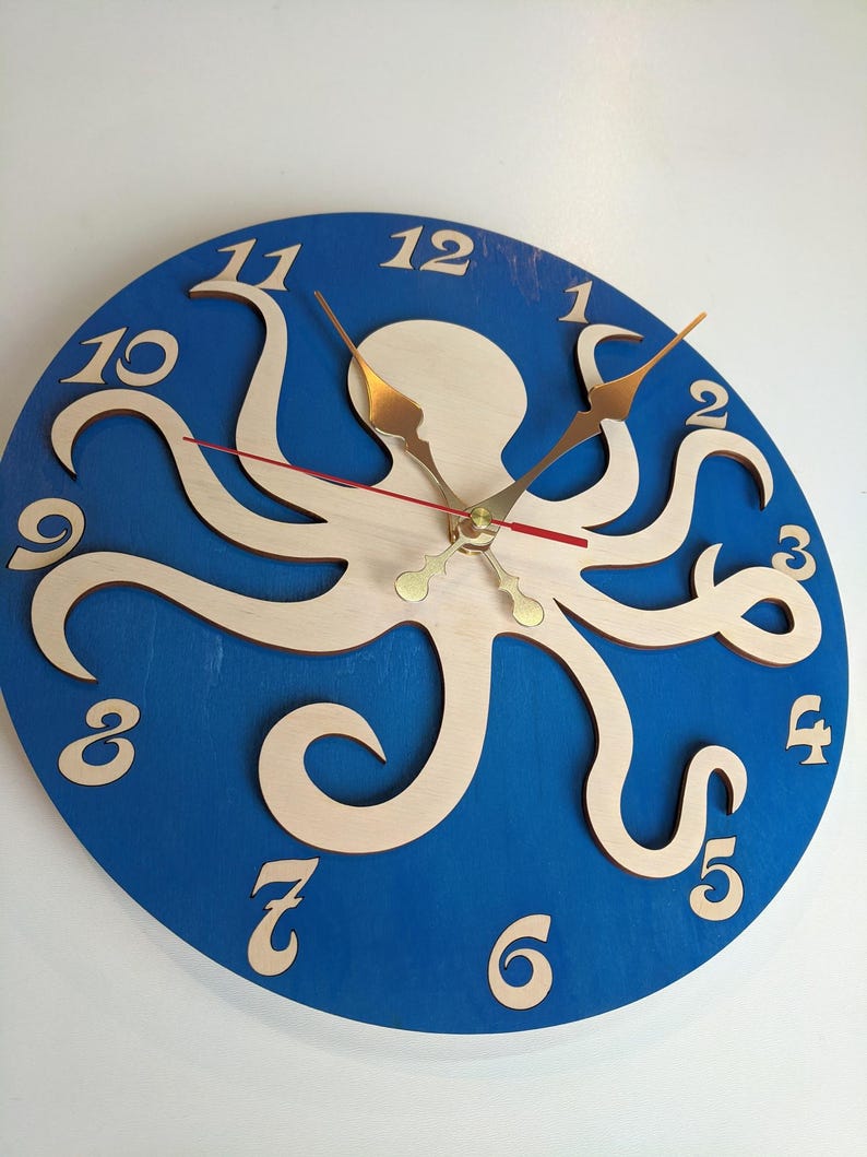 Octopus Wood Wall Clock 11-16 inch, Clock with Numbers, Clock for Kids Sea Theme Room image 4